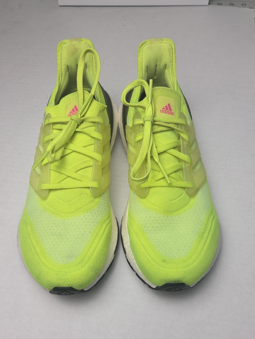 adidas Neon Yellow Ultraboost Athletic Sneakers with Pink Logo Mens Size 10